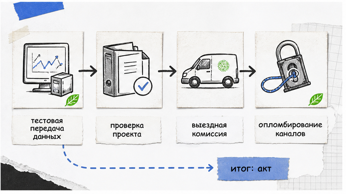 Схема приёмки системы: тестовая передача, проверка проекта, комиссия и опломбирование