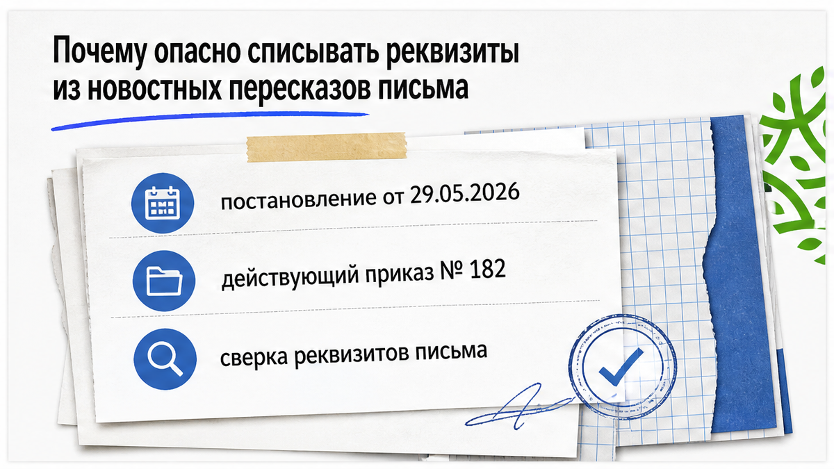 Сверка даты постановления и действующего приказа № 182 с бланком письма