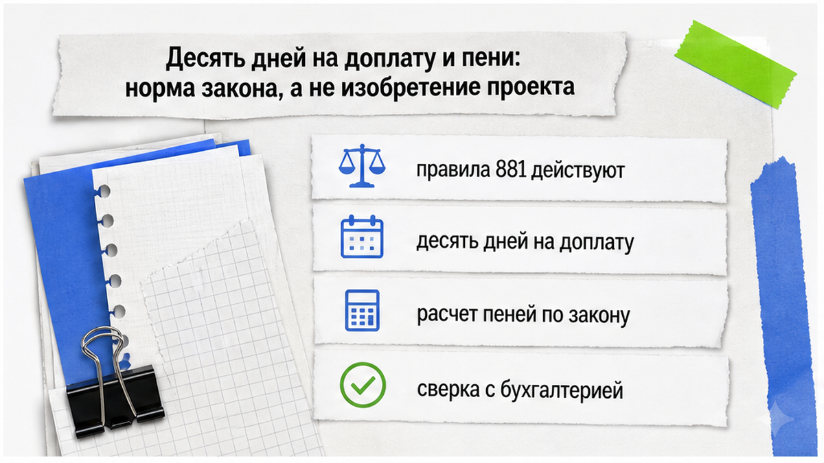 Десять дней на доплату и пени уже заданы правилами 881