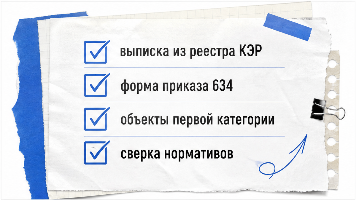 Чеклист сверки выписки КЭР и нормативов для объектов первой категории
