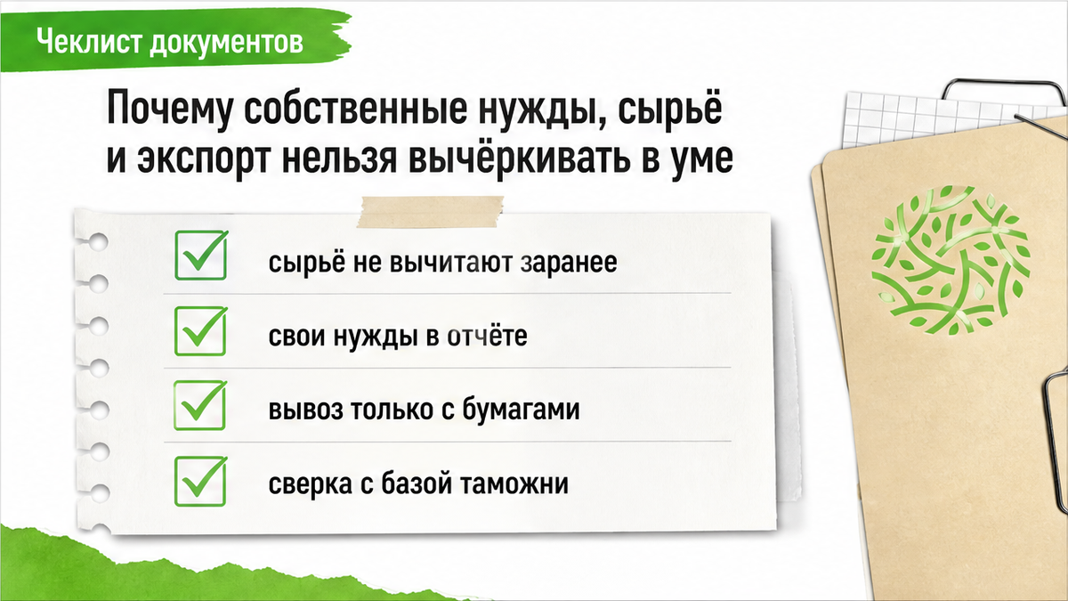 Сырьё, собственные нужды и вывоз нельзя вычитать из отчёта о массе заранее
